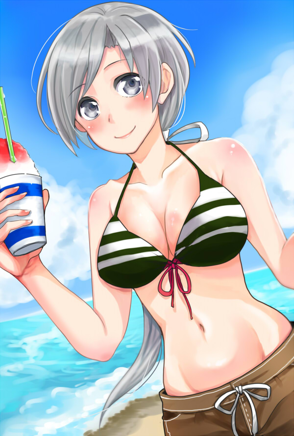 1girl beach bikini_top blue_sky breasts chitose_(kantai_collection) cleavage clouds cup grey_eyes hair_ribbon halterneck haru_no_yuki hips holding holding_cup kantai_collection looking_at_viewer male_swimwear navel ocean ponytail ribbon shaved_ice shorts silver_hair sky smile solo striped_bikini_top swim_trunks swimsuit swimwear waves white_ribbon