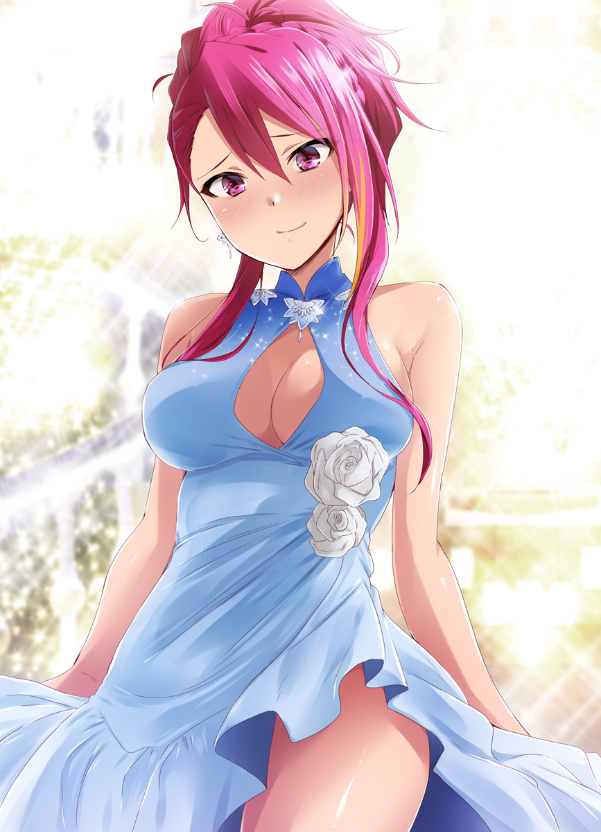 1girl bare_shoulders blonde_hair blue_dress blush breasts cleavage cleavage_cutout commentary_request dress earrings highres idolmaster idolmaster_million_live! jewelry kaiga large_breasts long_hair looking_at_viewer maihama_ayumu multicolored_hair pink_eyes pink_hair ponytail sleeveless sleeveless_dress smile solo