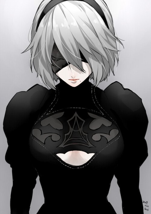 1girl 2017 android black_dress black_hairband blindfold cleavage_cutout closed_eyes covered_eyes dated dress eyelashes gradient gradient_background hairband juliet_sleeves lips long_sleeves mole mole_under_mouth nier_(series) nier_automata puffy_sleeves short_hair signature upper_body wand3754 white_hair yorha_no._2_type_b