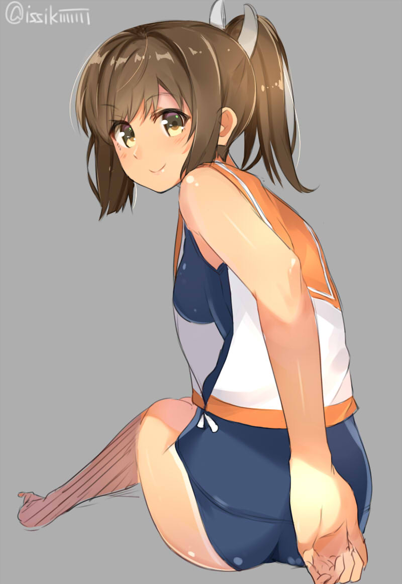 1girl bad_hands bare_shoulders brown_eyes brown_hair i-401_(kantai_collection) isshiki_(ffmania7) kantai_collection looking_back one-piece_swimsuit ponytail sailor_collar school_swimsuit school_uniform short_hair short_ponytail sketch smile solo swimsuit swimsuit_under_clothes tan tanline
