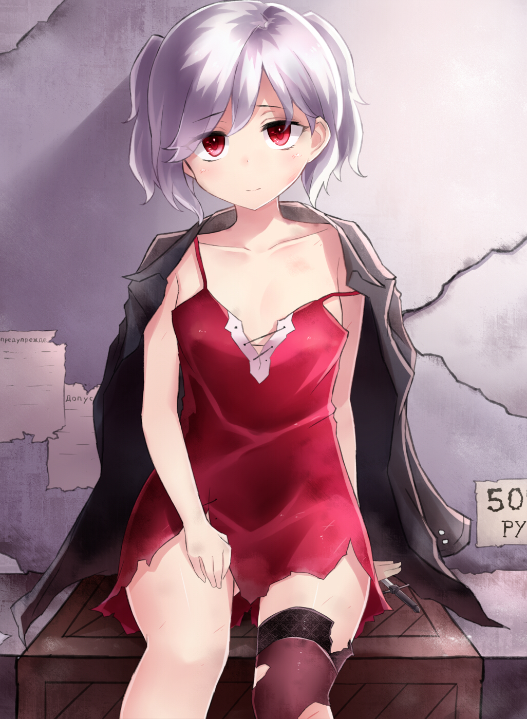 1girl asymmetrical_legwear breasts coat comic commentary_request crate hand_on_lap highres jacket_on_shoulders knife looking_at_viewer neit_ni_sei open_clothes open_coat original red_eyes shadow sign silver_hair sitting sitting_on_object small_breasts solo spaghetti_strap thigh-highs torn_clothes torn_thighhighs twintails wall