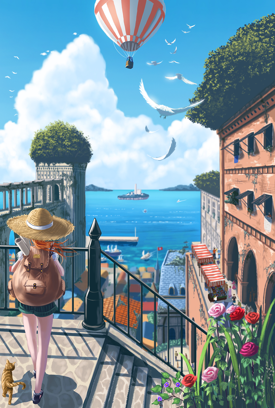 1girl backpack bag balloon bird building cat cityscape clouds day doora_(dora0913) flower from_behind green_shorts hat highres hot_air_balloon island ocean orange_hair outdoors pink_rose pixiv_fantasia pixiv_fantasia_new_world railing red_rose revision rose scenery short_sleeves shorts silhouette skirt sky solo_focus straw_hat upper_body water wind