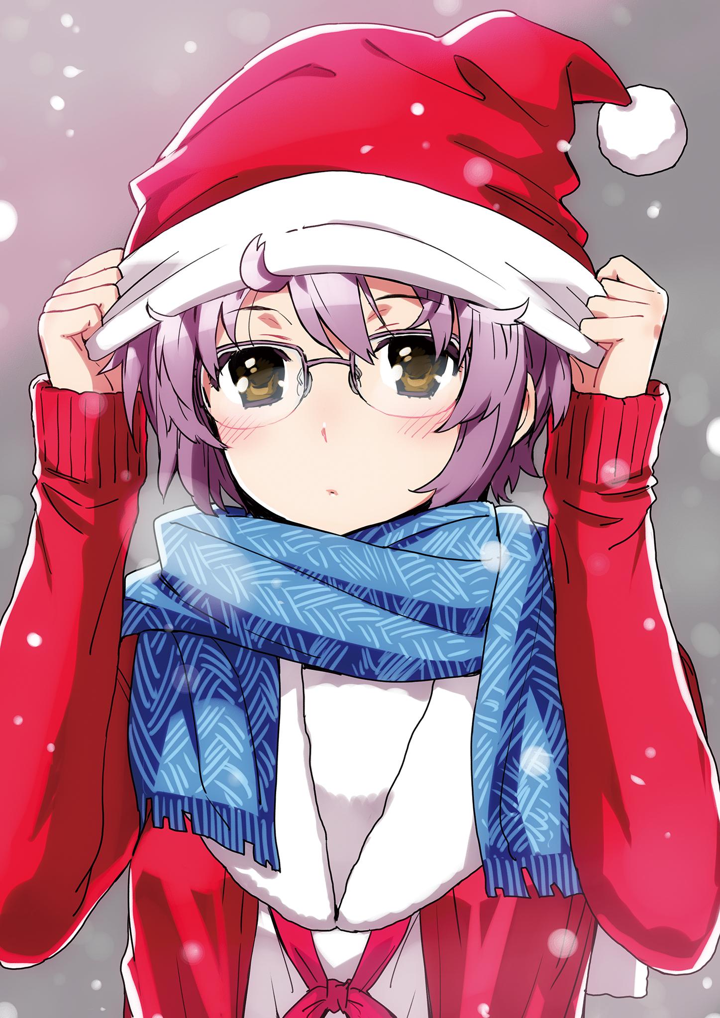 1girl :&lt; blue_scarf blush breath brown_eyes closed_mouth glasses hands_on_headwear hat highres jpeg_artifacts nagato_yuki nagato_yuki-chan_no_shoushitsu over-rim_glasses purple-framed_eyewear purple_hair puyo santa_hat scarf school_uniform semi-rimless_glasses short_hair snow solo suzumiya_haruhi_no_shoushitsu suzumiya_haruhi_no_yuuutsu upper_body