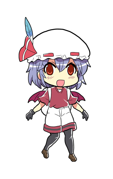 1girl backpack bag colonel_aki cosplay gloves hat hat_feather kaban_(kemono_friends) kaban_(kemono_friends)_(cosplay) kemono_friends lavender_hair looking_at_viewer mob_cap open_mouth pantyhose_under_shorts red_eyes red_shirt remilia_scarlet shirt shoes shorts sidelocks smile solo t-shirt touhou white_background wings