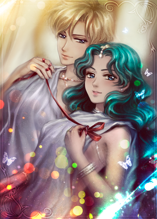 2girls aqua_hair bishoujo_senshi_sailor_moon blonde_hair bracelet closed_mouth elena_ivlyushkina frame hair_ornament jewelry kaiou_michiru light_smile multiple_girls parted_lips red_string robe smile string ten'ou_haruka yuri