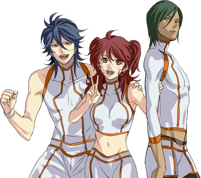 blue_hair freckles green_hair gundam gundam_00 johann_trinity michael_trinity nena_trinity red_hair redhead sakatsuki siblings yellow_eyes