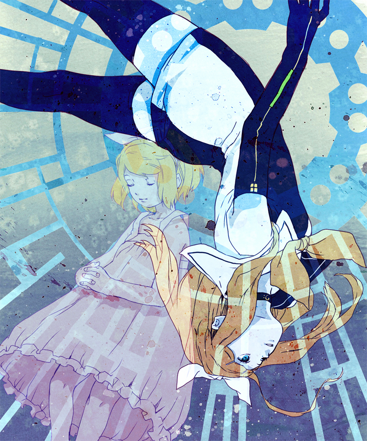 blonde_hair blue_eyes boots choker closed_eyes dress dual_persona elbow_gloves gloves kagamine_rin kagamine_rin_(meltdown) kagamine_rin_(roshin_yuukai) lingerie meltdown_(vocaloid) nightgown pale_skin roshin_yuukai_(vocaloid) sailor_dress somersault thigh-highs thigh_boots thighhighs underwear upside-down vocaloid young zettai_ryouiki