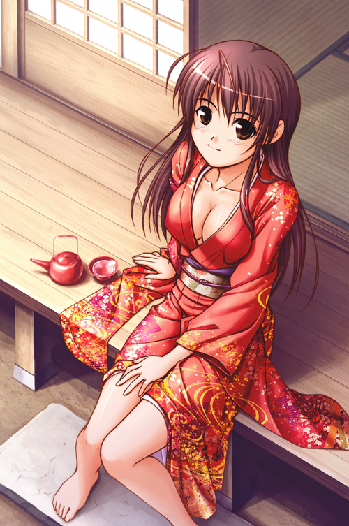 breasts brown_eyes brown_hair cleavage japanese_clothes kimono long_hair michi original sitting solo veranda yukata