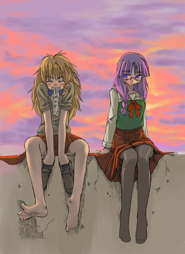 bespectacled blonde_hair braid dusk feet glasses holding holding_shoes kirisame_marisa long_hair messy_hair mouth_hold outside pantyhose patchouli_knowledge purple_hair school_uniform shoes socks soles sunset thigh-highs toe_spread toes touhou