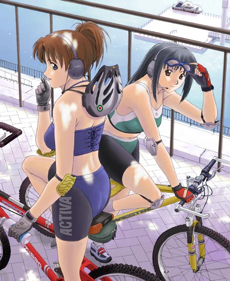 bicycle bike_shorts elbow_pads gloves headset helmet moriya_naoki mountain_bicycle sunglasses