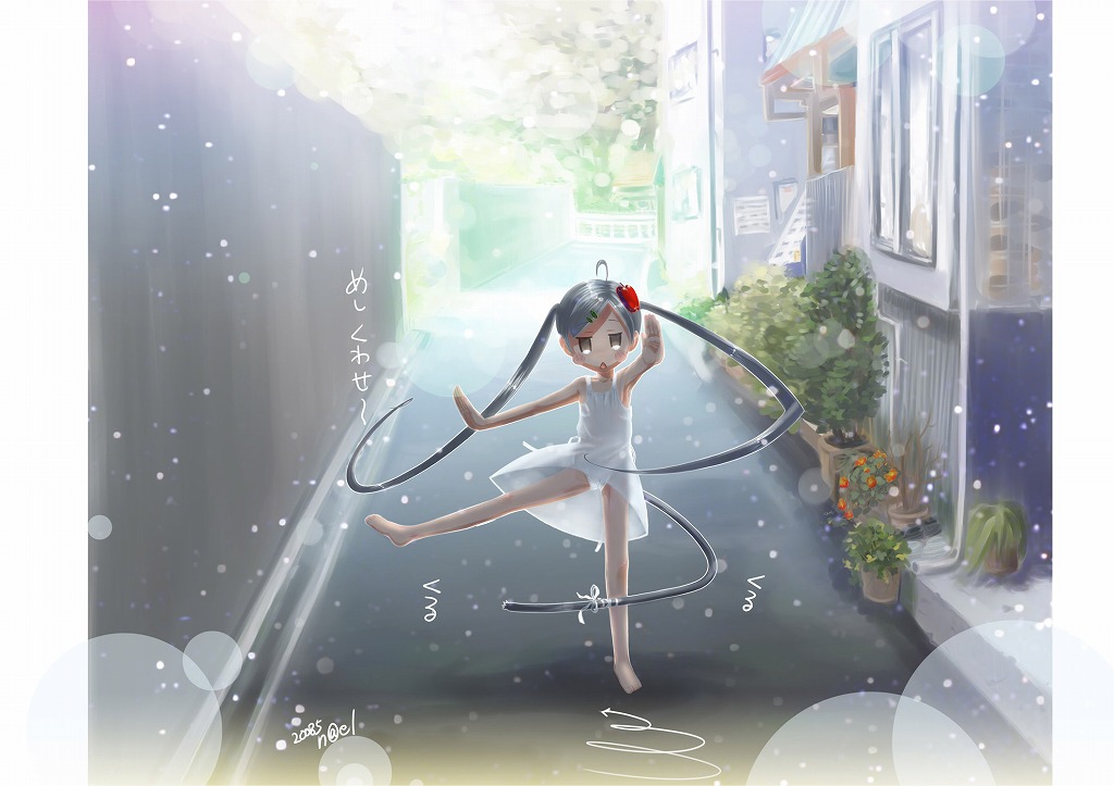 ahoge alley arms_spread barefoot black_hair child dancing dress flat_chest flower hair_flower hair_ornament house loli long_hair nael outstretched_arms panties plant plants snow spinning spread_arms street summer_dress sundress tail translated underwear upskirt very_long_hair white_panties