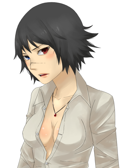 black_hair blush chest_blush devil_may_cry heterochromia jewelry lady necklace no_bra open_clothes open_shirt sasakure scar shirt short_hair solo