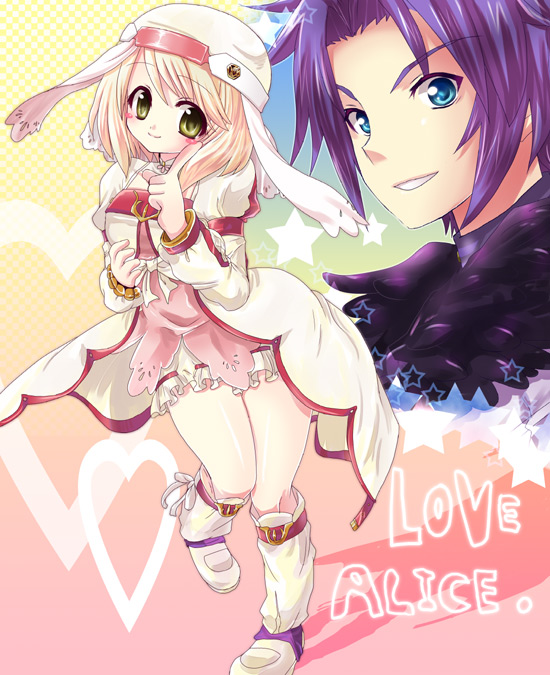 1girl alice_(tales_of_symphonia_kor) blue_eyes blush character_name decus heart purple_hair short_hair smile star stars tales_of_(series) tales_of_symphonia tales_of_symphonia_knight_of_ratatosk white_hair yellow_eyes yukito_mayumi