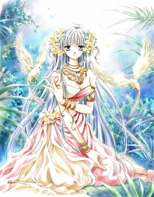 artist_request bird birds blue_eyes blue_hair bracelet dove doves earrings flower hair_ornament jewelry jpeg_artifacts kneeling long_hair midriff nature navel necklace shiina_satsuki signature skirt solo very_long_hair