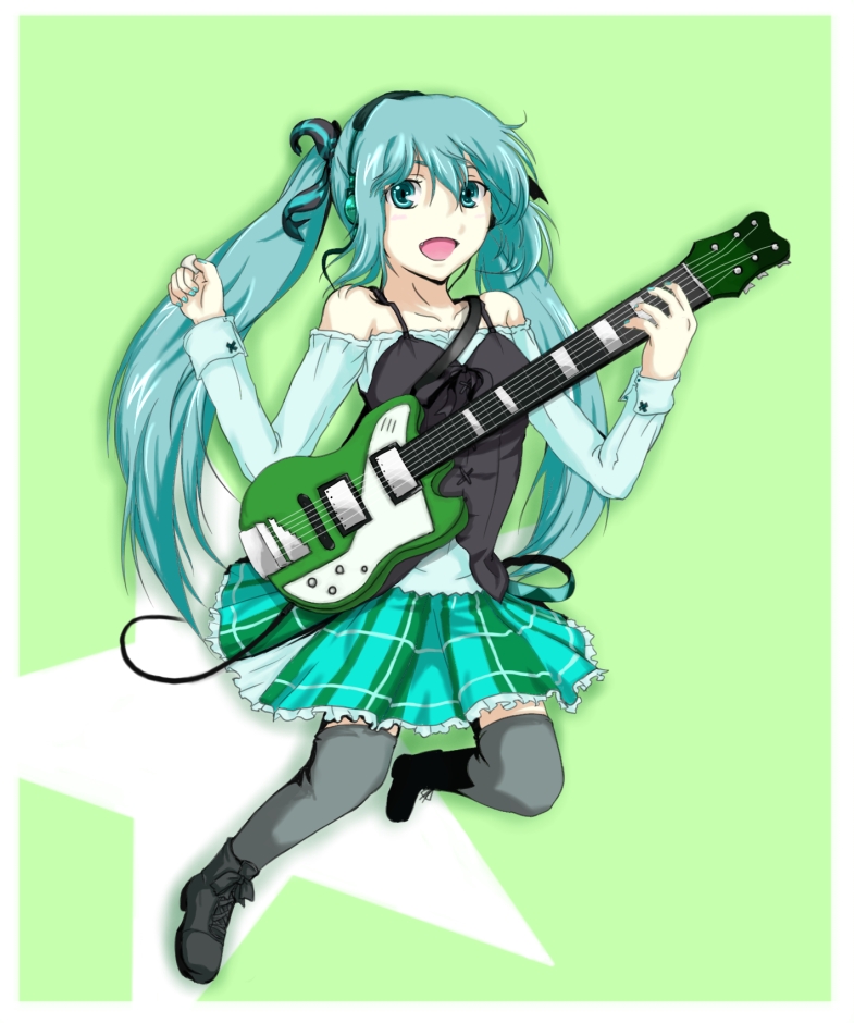 aqua_hair bad_id bare_shoulders casual fang guitar hatsune_miku instrument long_hair open_mouth plaid plaid_skirt skirt squama tartan thigh-highs thighhighs twintails vocaloid