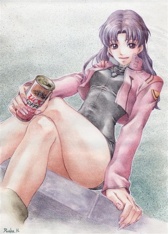 beer can cans coffee crossed_legs dress dutch_angle jacket jewelry katsuragi_misato legs_crossed long_hair necklace neon_genesis_evangelion purple_hair sitting ucc_coffee