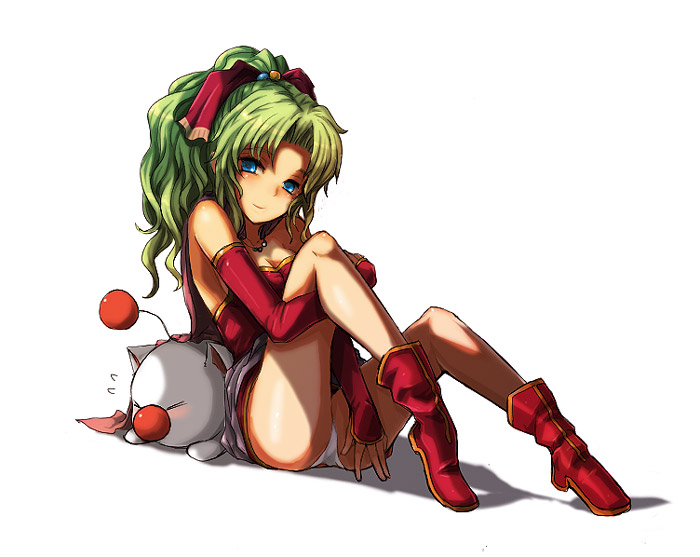 blue_eyes boots elbow_gloves final_fantasy final_fantasy_vi gloves green_hair kara_(color) leg_hug long_hair moogle no_legwear panties pantyshot sitting smile tina_branford underwear white_panties