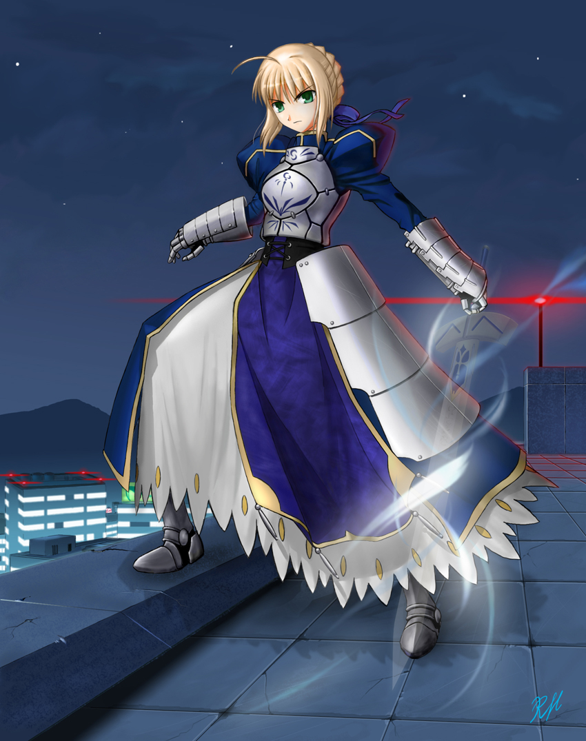 armor armored_dress blonde_hair boots braid dress excalibur fate/stay_night fate_(series) faulds gauntlets green_eyes hair_ribbon hair_ribbons invisible_air night pose ranh ribbon ribbons rooftop saber solo star sword weapon