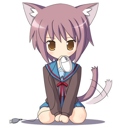 cardigan cat_ears chibi computer_mouse kaizeru lowres mouse mouth_hold nagato_yuki purple_hair school_uniform short_hair solo suzumiya_haruhi_no_yuuutsu tail yellow_eyes