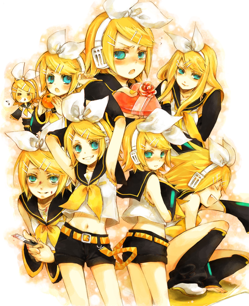 arms_up blood boxcutter chibi clone clones food fruit gift kagamine_rin laughing looking_back midriff orange roshin_yuukai_(vocaloid) smile tsundere vocaloid yandere yukkii