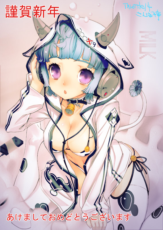 bell bell_collar bikini blue_hair breasts cleavage collar cow_bell cow_print cowbell headphones hood horns kneeling new_year open_clothes open_shirt original pink_eyes sanbasou shirt short_hair side-tie_bikini string_bikini swimsuit tail thigh-highs thighhighs translated