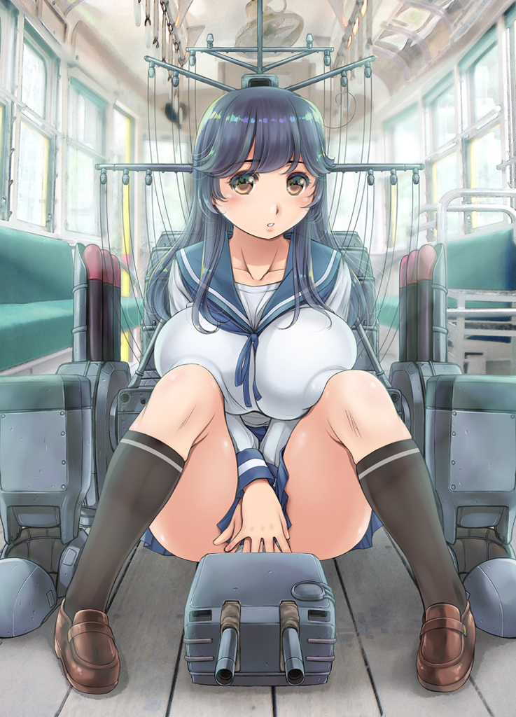 1girl blue_hair breasts brown_eyes erect_nipples kantai_collection kantori knees_on_chest large_breasts long_hair parted_lips school_uniform serafuku solo thighs ushio_(kantai_collection)