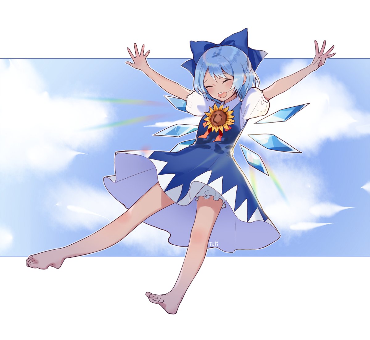 1girl arms_up artist_name barefoot bloomers blue_dress blue_hair blush cirno closed_eyes clouds dress flower full_body hair_ribbon hidden_star_in_four_seasons ice ice_wings open_mouth outstretched_arms puffy_sleeves ribbon short_hair short_sleeves sky smile solo sunflower tan touhou tuii underwear wings