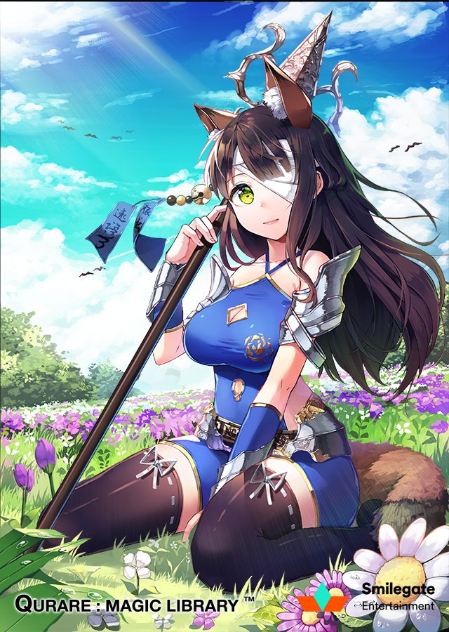 1girl animal_ears bandage bandage_on_face bandage_over_one_eye black_hair black_legwear breasts character_request cleavage cleavage_cutout copyright_request eyebrows_visible_through_hair field flower flower_field fox_ears fox_tail green_eyes holding holding_spear holding_weapon large_breasts long_hair looking_at_viewer navel polearm qurare_magic_library seiza shoonear sitting solo spear tail thigh-highs weapon