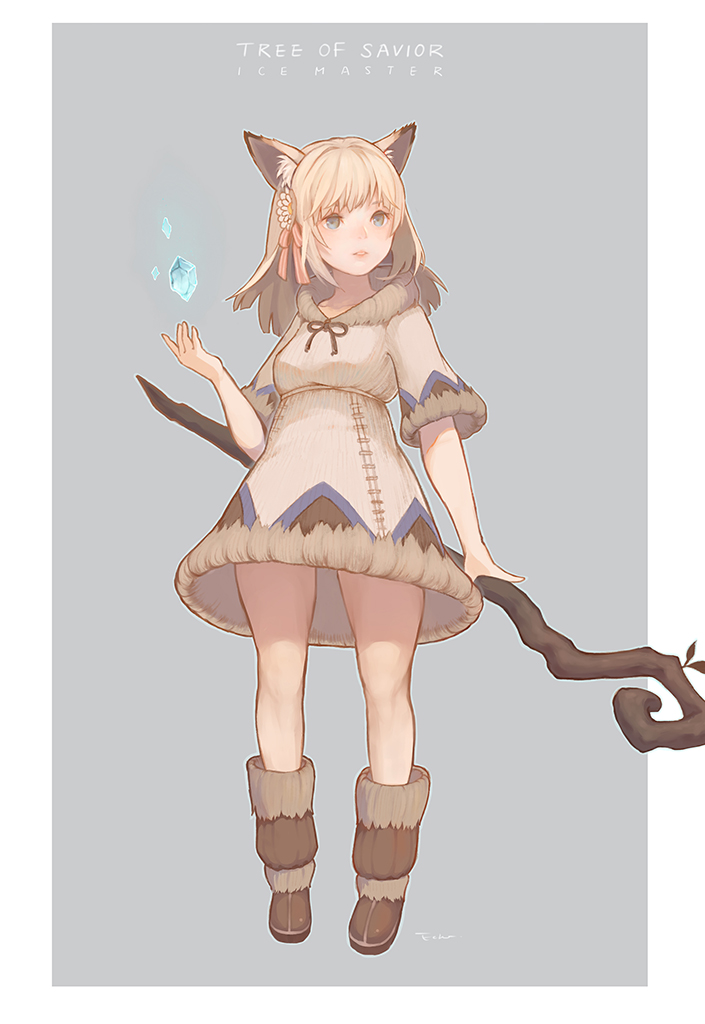1girl animal_ears blonde_hair blue_eyes boots border brown_boots brown_dress character_name collarbone copyright_name dress echosdoodle full_body grey_background ice ice_master_(tree_of_savior) long_hair looking_away parted_lips signature solo staff tree_of_savior