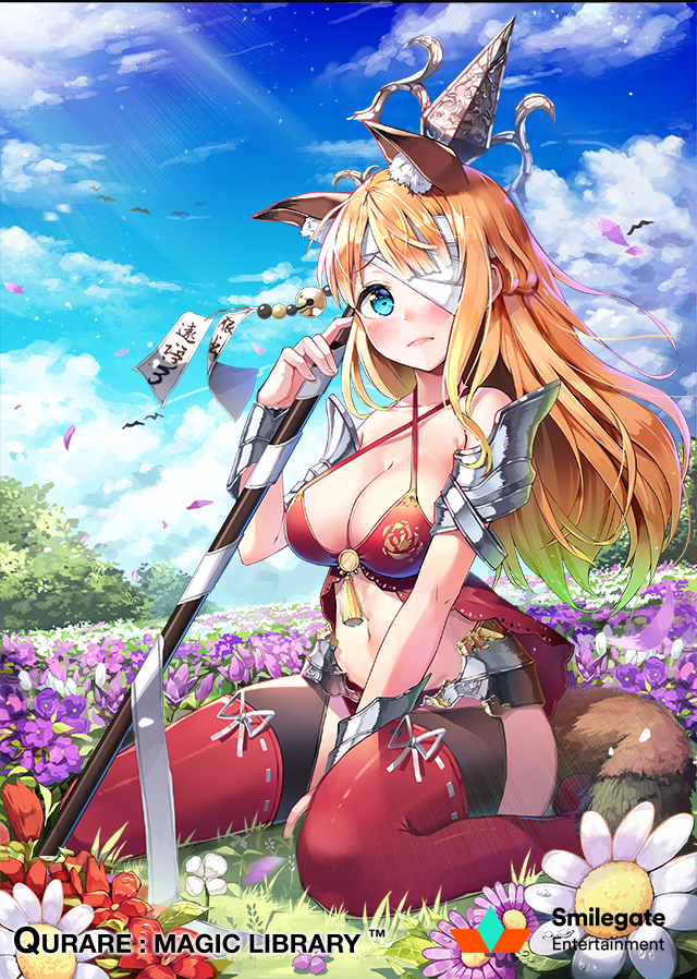 animal_ears bandage bandage_on_face bandage_over_one_eye breasts character_request cleavage copyright_request eyebrows_visible_through_hair field flower flower_field fox_ears fox_tail holding holding_spear holding_weapon large_breasts long_hair looking_at_viewer navel orange_hair polearm qurare_magic_library red_legwear seiza shoonear sitting spear tail thigh-highs weapon