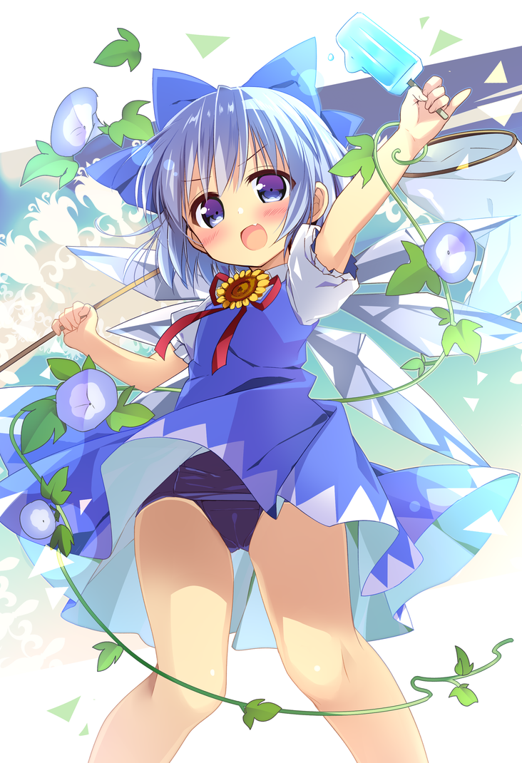 1girl bangs bare_legs blue_bow blue_dress blue_eyes blue_hair blush bow cirno dress flower food hair_bow ice ice_wings looking_at_viewer nagayama_yuunon open_mouth popsicle school_swimsuit short_dress short_hair short_sleeves smile solo standing sunflower swimsuit swimsuit_under_clothes tan touhou veins wings
