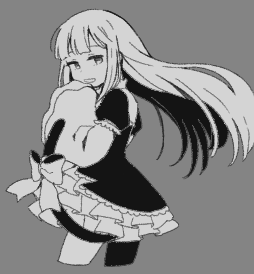 1girl bow cat_tail dress frederica_bernkastel looking_to_the_side monochrome open_mouth sleeves_past_wrists smile tail tail_bow umineko_no_naku_koro_ni wide_sleeves yang38