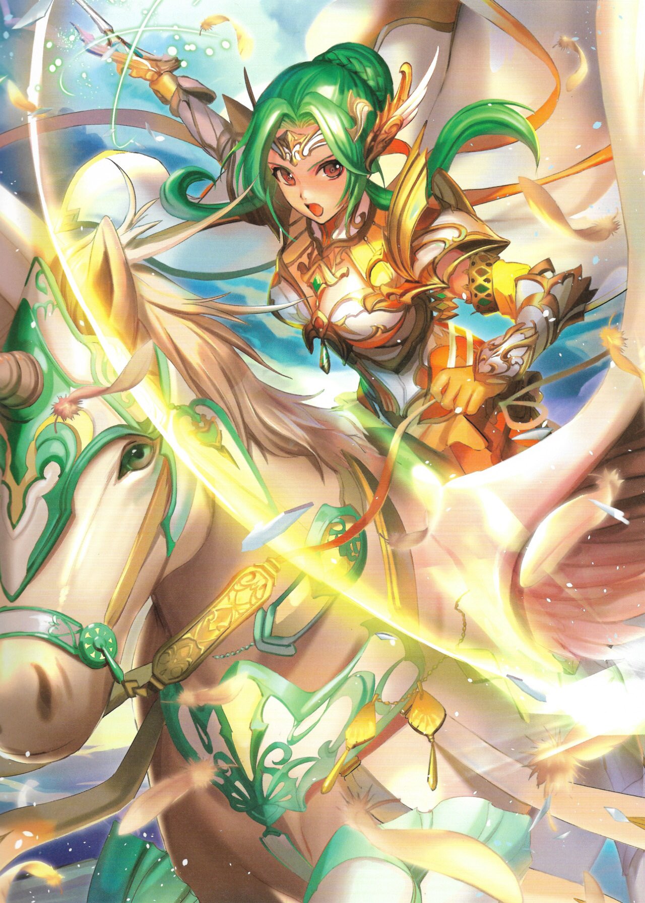 1girl armor artist_request belt breastplate brown_eyes cape elbow_gloves elincia_ridell_crimea feathers fire_emblem fire_emblem:_souen_no_kiseki fire_emblem_cipher gloves green_hair hair_bun hair_up highres holding holding_weapon horseback_riding looking_at_viewer official_art open_mouth outdoors pauldrons pegasus pegasus_knight riding scan solo sword tiara weapon wings