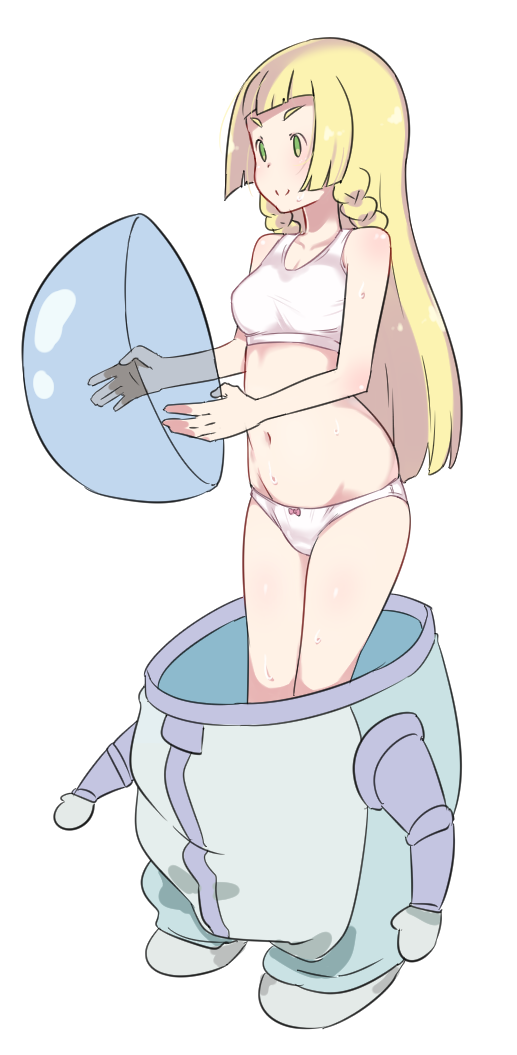 1girl blonde_hair bra braid diving_suit green_eyes kei_(soundcross) lillie_(pokemon) long_hair midriff navel panties pokemon pokemon_(anime) pokemon_sm_(anime) simple_background solo twin_braids underwear undressing white_background white_bra white_panties