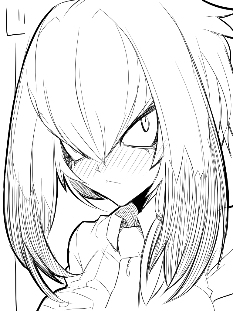 1girl blush breast_pocket closed_mouth collared_shirt face greyscale hair_between_eyes hair_flaps jin_(mugenjin) kemono_friends long_hair looking_at_viewer low_ponytail monochrome necktie pocket shirt shirt_pocket shoebill_(kemono_friends) side_ponytail solo two