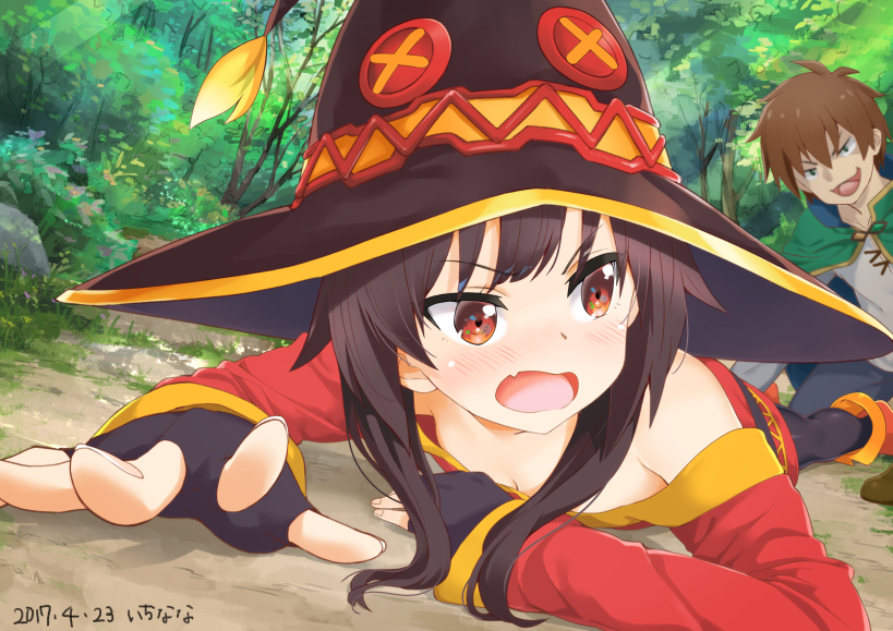 1boy 1girl bare_shoulders blush breasts brown_hair cleavage dated day dress fang fingerless_gloves gloves grass hat kono_subarashii_sekai_ni_shukufuku_wo! long_sleeves looking_back lying megumin mokyutan on_ground on_stomach open_mouth outdoors rape_face red_eyes satou_kazuma sidelocks small_breasts smile strapless strapless_dress thigh-highs tongue tree tube_dress witch_hat you_gonna_get_raped