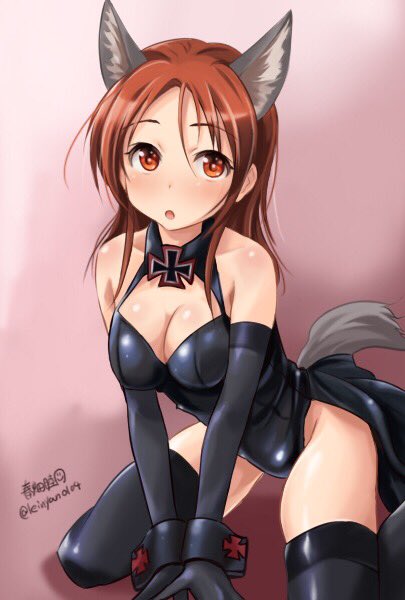 1girl animal_ears arm_support artist_name black_legwear black_leotard breasts bunnysuit cleavage cleavage_cutout dog_ears dog_tail halterneck haruhata_mutsuki iron_cross kneeling leotard long_hair looking_at_viewer medium_breasts minna-dietlinde_wilcke parted_lips playboy_bunny_leotard red_eyes redhead signature skindentation sleeveless solo strike_witches tail thigh-highs twitter_username world_witches_series wrist_cuffs