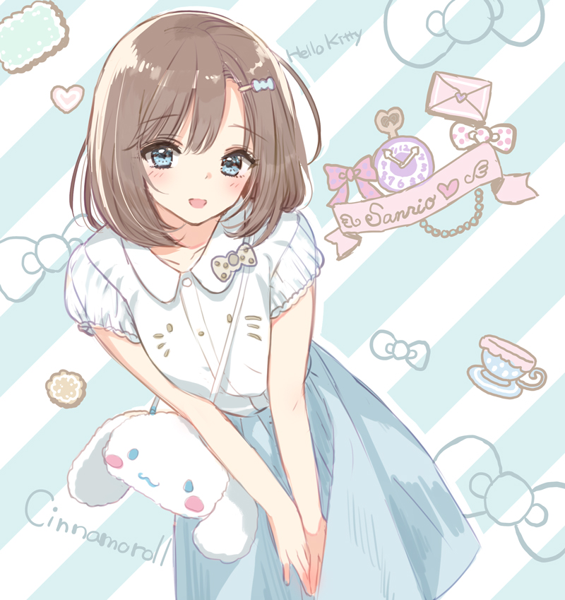 1girl :3 bangs blouse blue_eyes blue_skirt blush brown_hair cinnamoroll collarbone copyright_name cup eyebrows_visible_through_hair hair_ornament hairclip hello_kitty leaning_forward looking_at_viewer open_mouth sanrio saucer short_sleeves skirt smile solo striped striped_background teacup tsukigami_runa white_blouse