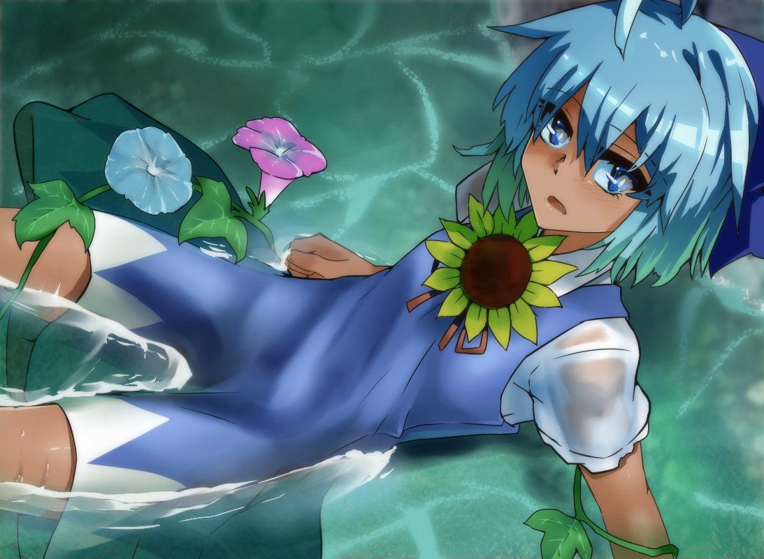 1girl ahoge blue_dress blue_eyes blue_hair blush cirno dark_skin dress flower hair_ribbon hidden_star_in_four_seasons looking_at_viewer manekinekoppoi_inu open_mouth partially_submerged plant puffy_sleeves ribbon short_hair short_sleeves solo sunflower tan touhou vines water wet wet_clothes