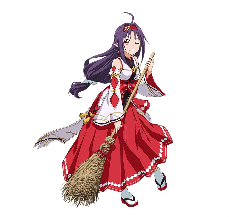 1girl ;d ahoge black_ribbon bow detached_sleeves full_body grin hair_bow hairband long_hair looking_at_viewer low-tied_long_hair nontraditional_miko one_eye_closed open_mouth purple_hair red_eyes red_hairband ribbon ribbon-trimmed_sleeves ribbon_trim simple_background smile socks solo standing sword_art_online very_long_hair white_background white_bow white_legwear yuuki_(sao)
