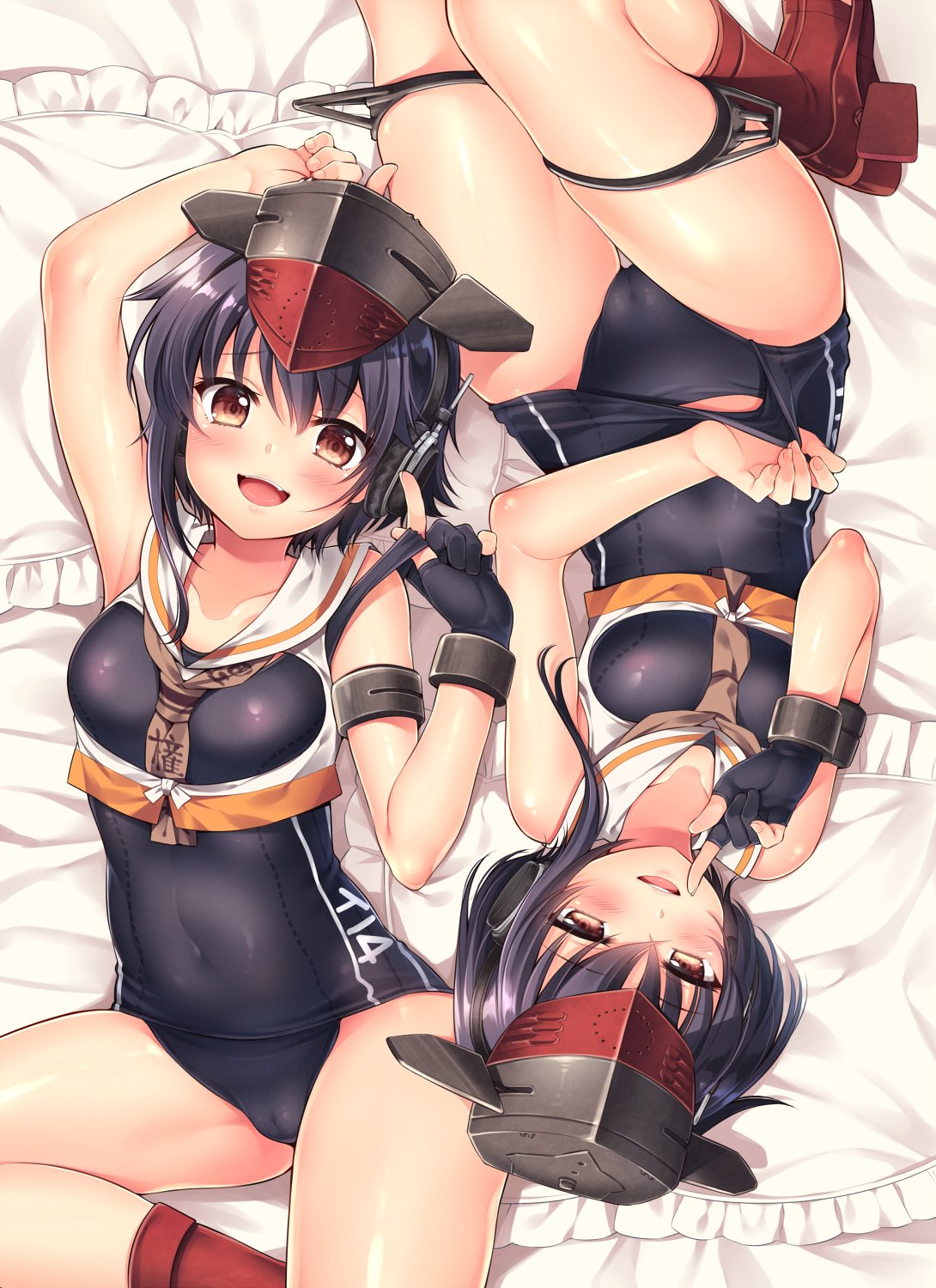 2girls asymmetrical_hair black_hair brown_eyes fang framed_breasts gloves hair_between_eyes hat headphones highres i-13_(kantai_collection) i-14_(kantai_collection) index_finger_raised kantai_collection looking_at_viewer lying multiple_girls open_mouth partly_fingerless_gloves pillow sailor_collar sasachin_(k+w) school_swimsuit school_swimsuit_flap shoes short_hair sisters swimsuit swimsuit_pull tsurime twins upside-down white_sailor_collar
