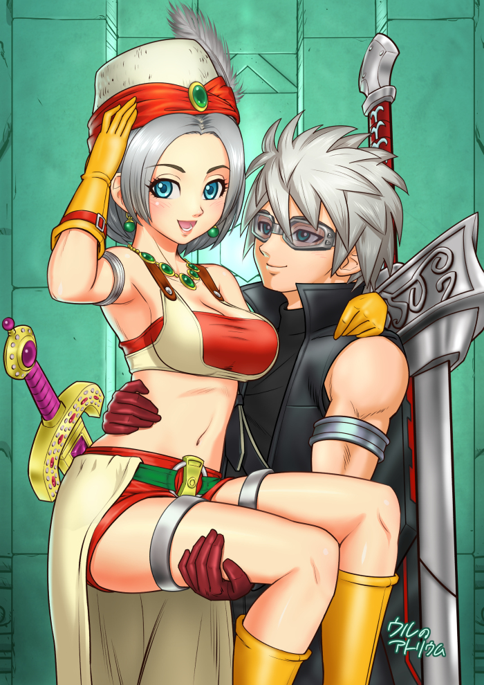 1boy 1girl :d armlet bandeau bare_shoulders blue_eyes blush boots breasts carrying cleavage dragon_quest dragon_quest_x earrings gloves hat hat_feather jewelry large_breasts looking_at_another looking_at_viewer midriff navel necklace open_mouth raul_(dq10) red_gloves red_shorts riin_(dq10) sheath sheathed short_hair shorts silver_hair smile sunglasses sword thigh_strap ur_(wulfa) weapon yellow_boots yellow_gloves