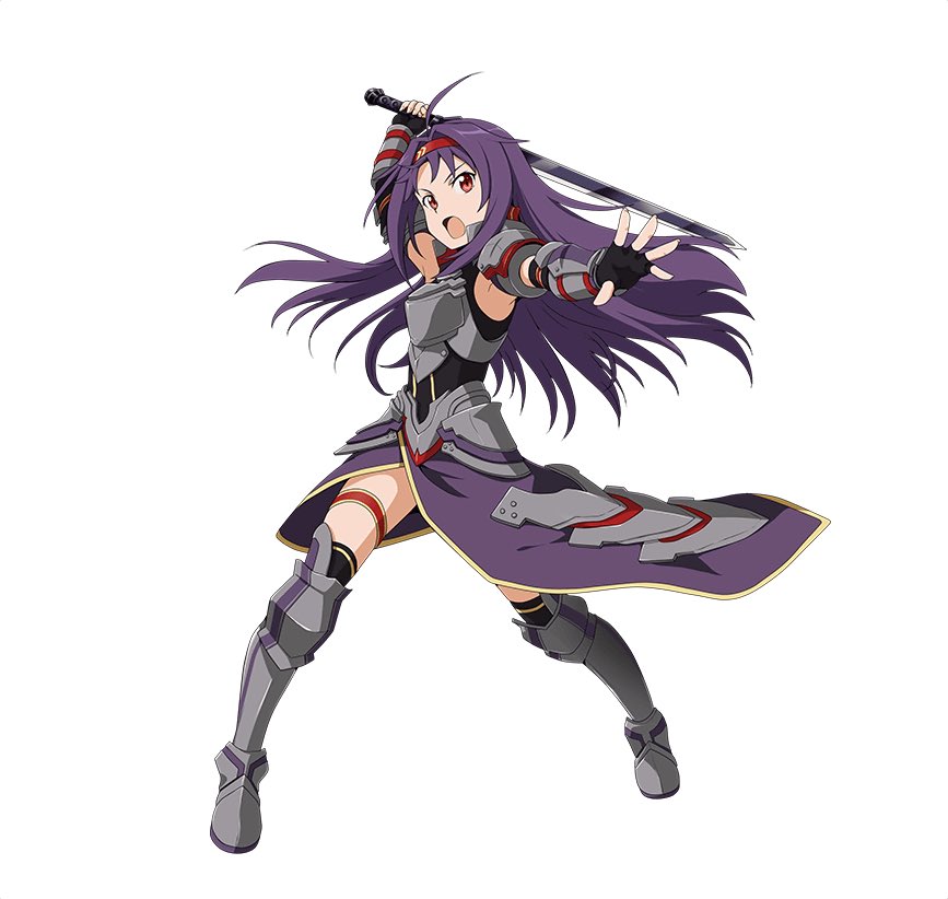 1girl ahoge arm_up armor armored_boots armored_dress armpits black_gloves black_legwear boots breastplate detached_sleeves fingerless_gloves floating_hair full_body gloves hairband holding holding_sword holding_weapon kneehighs long_hair looking_at_viewer open_mouth purple_hair red_eyes red_hairband simple_background solo standing sword sword_art_online thigh_strap very_long_hair weapon white_background yuuki_(sao)