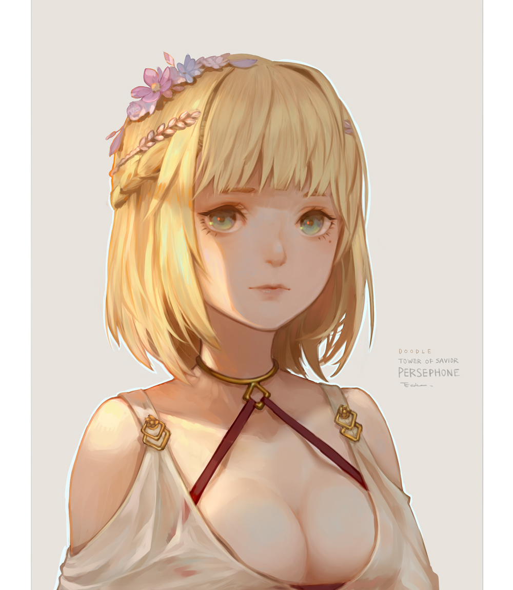 1girl artist_name blonde_hair border braid breasts character_name cleavage closed_mouth collar copyright_name echosdoodle english flower green_eyes hair_flower hair_ornament medium_breasts mole mole_under_eye persephone_(tower_of_saviors) short_hair solo tower_of_saviors upper_body