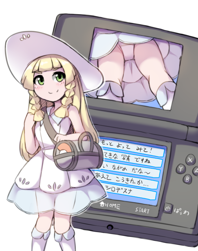 1girl bag blonde_hair braid dress duffel_bag fun_bo gameplay_mechanics green_eyes handheld_game_console hat lillie_(pokemon) long_hair nintendo_3ds panties pantyshot pokemon pokemon_(game) pokemon_sm see-through simple_background sleeveless sleeveless_dress smile solo sun_hat twin_braids underwear white_background white_dress white_hat white_panties