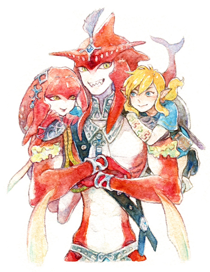 1girl 2boys blonde_hair blue_eyes brother_and_sister carrying_over_shoulder fins fish_girl fishman gem hair_ornament jewelry link locked_arms looking_at_another looking_at_viewer mipha multicolored multicolored_skin multiple_boys pointy_ears red_skin sharp_teeth siblings sidon simple_background smile teeth the_legend_of_zelda the_legend_of_zelda:_breath_of_the_wild white_background yellow_eyes zora