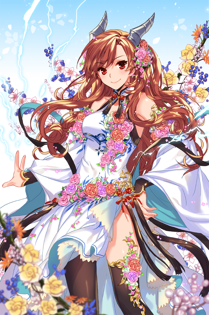 1girl bare_shoulders black_legwear blurry blush breasts brown_hair china_dress chinese_clothes cowboy_shot depth_of_field detached_sleeves dragon_horns dress electricity empew flower hair_flower hair_ornament horns lightning long_hair long_sleeves looking_at_viewer medium_breasts official_art original red_eyes sky_(soccer_spirits) sleeveless sleeveless_dress smile soccer_spirits solo thigh-highs wavy_hair white_dress wide_sleeves