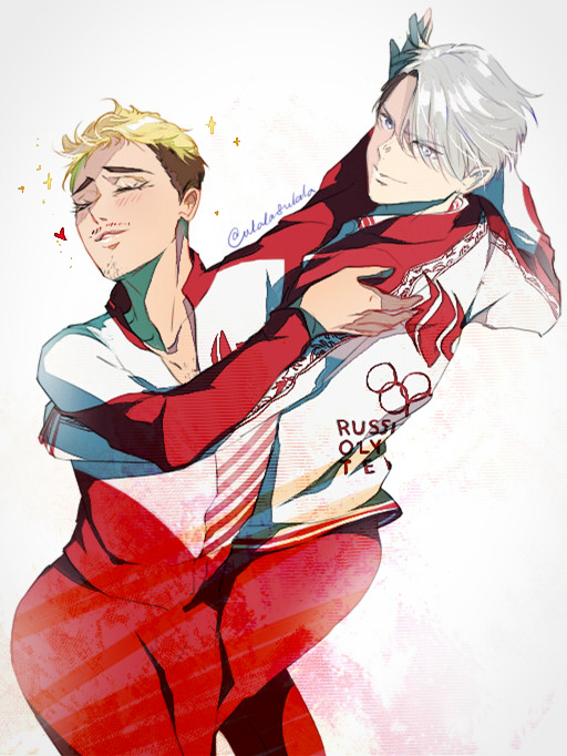 2boys blonde_hair blue_eyes christophe_giacometti closed_eyes eyes_visible_through_hair facial_hair hair_over_one_eye heart male_focus multiple_boys nagare_urara silver_hair smile sparkle track_suit viktor_nikiforov yuri!!!_on_ice