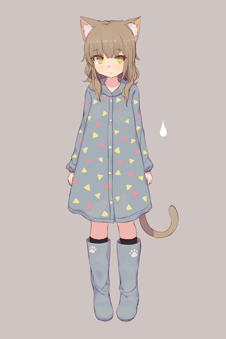 1girl animal_ears arms_at_sides bangs black_legwear blue_boots blunt_bangs blush boots brown_hair buttons cat_ears cat_tail closed_mouth droplet expressionless eyebrows_visible_through_hair full_body highres knee_boots kneehighs legs_together long_hair long_sleeves looking_at_viewer no_pupils original paw_print raincoat rubber_boots shiny shiny_hair shone solo standing tail triangle_print yellow_eyes