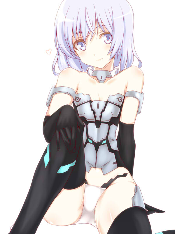 1girl animal_ears bare_shoulders black_gloves black_legwear blue_eyes cat_tail elbow_gloves frame_arms_girl gloves looking_at_viewer materia_(frame_arms_girl) mecha_musume panties silve silver_hair simple_background sitting smile solo tail thigh-highs underwear white_background white_panties white_underwear